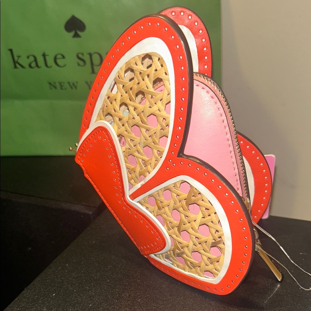 Kate Spade Pink and White Butterfly Woven Clutch with Tan Lattice